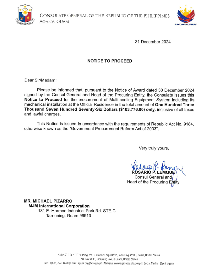Notice of Award and Notice to Proceed - MGM International