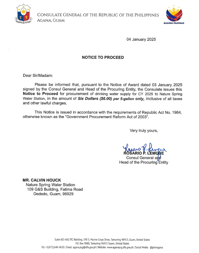 Notice of Award and Notice to Proceed -Nature Spring Water Station
