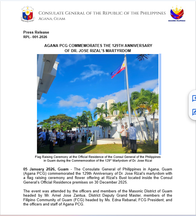 Agana PCG Commemorates the 129th Anniversary  of Dr. Jose Rizal’s Martyrdom