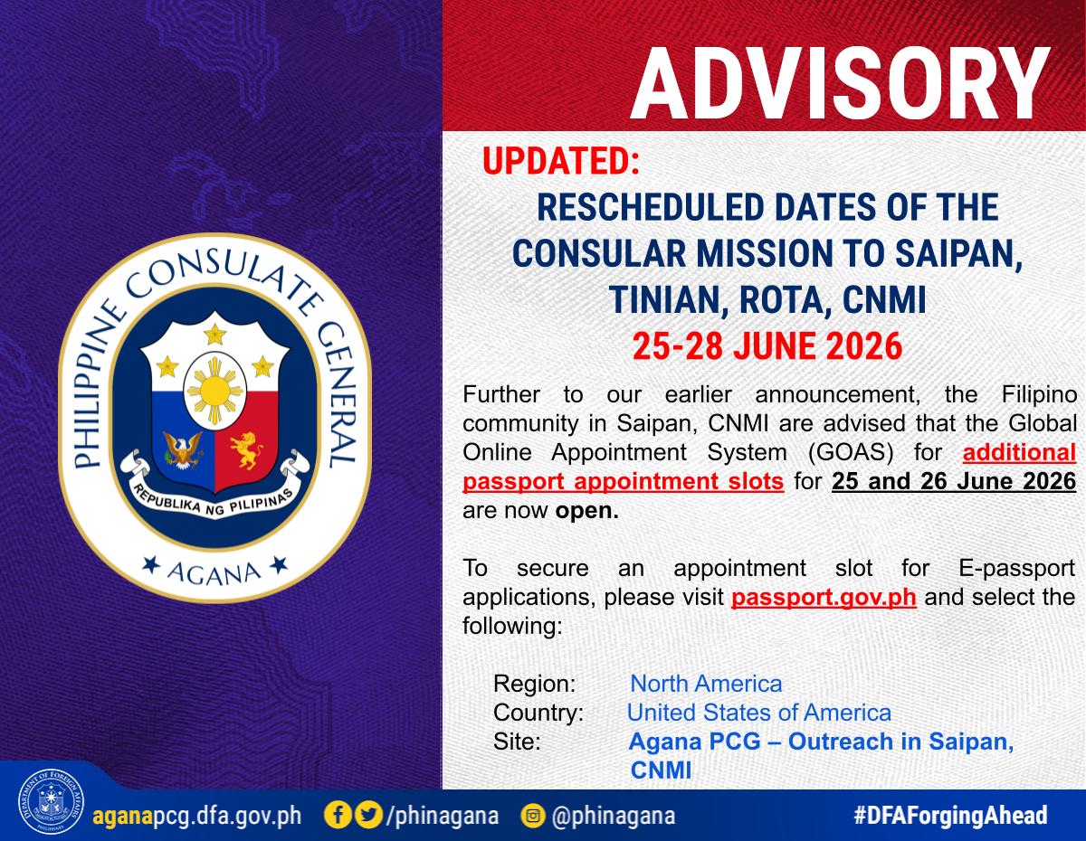 Updated: Rescheduled Dates of the ConsularMission to Saipan, Tinian and Rota CNMI