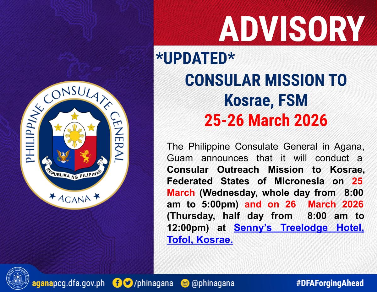 Updated: Consular Outreach Mission in Kosrae, FSM, 25-26 March 2026