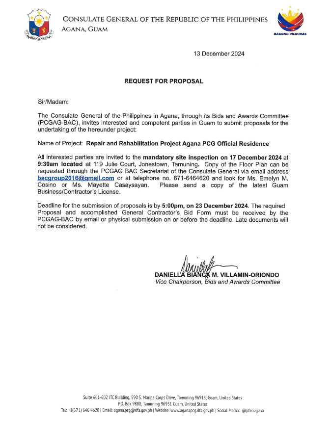 This Request for Proposal (RFP) is superseded by RFP dated 19 December on Repair and Rehabilitation Project - Agana PCG Official Residence