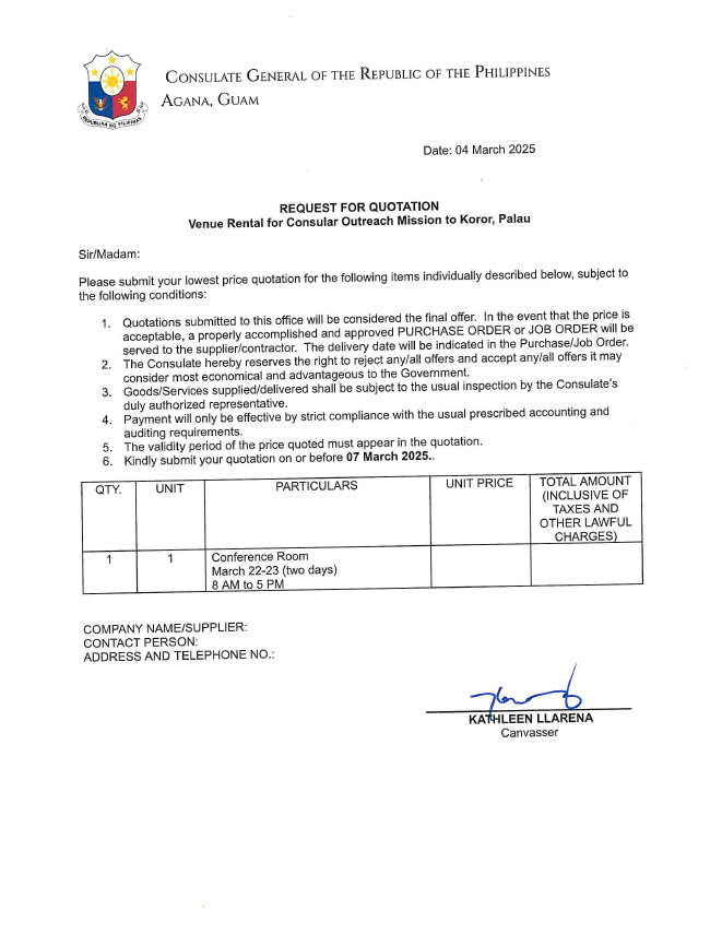 Request for Quotation-Lease of Venue for COM in Koror, Palau