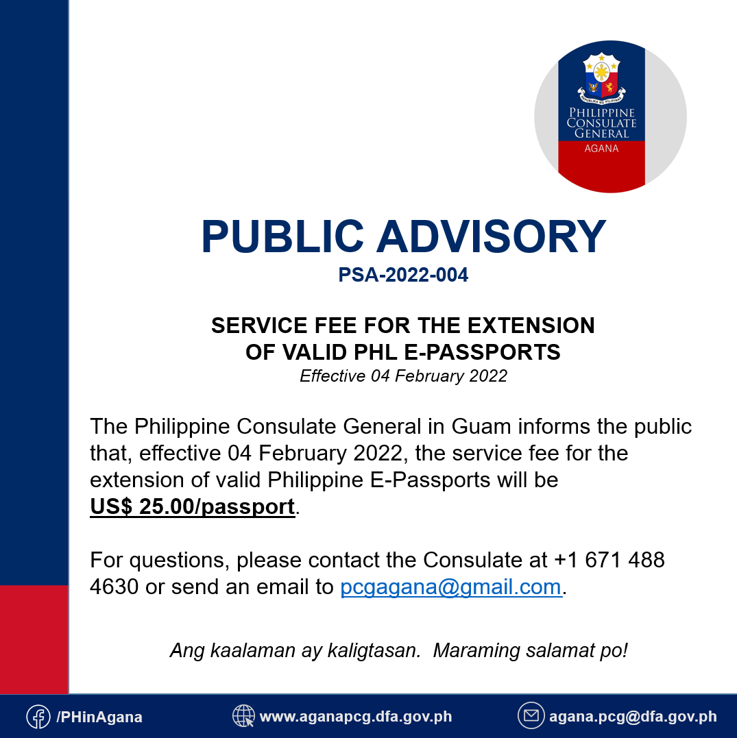 Advisory: Service Fee for the Extension of Valid PHL E-Passports, effective 04 February 2022