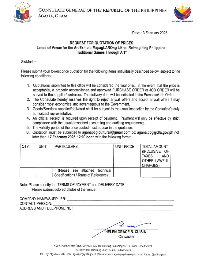 Request for Quotation - Lease of Venue for Art Exhibit