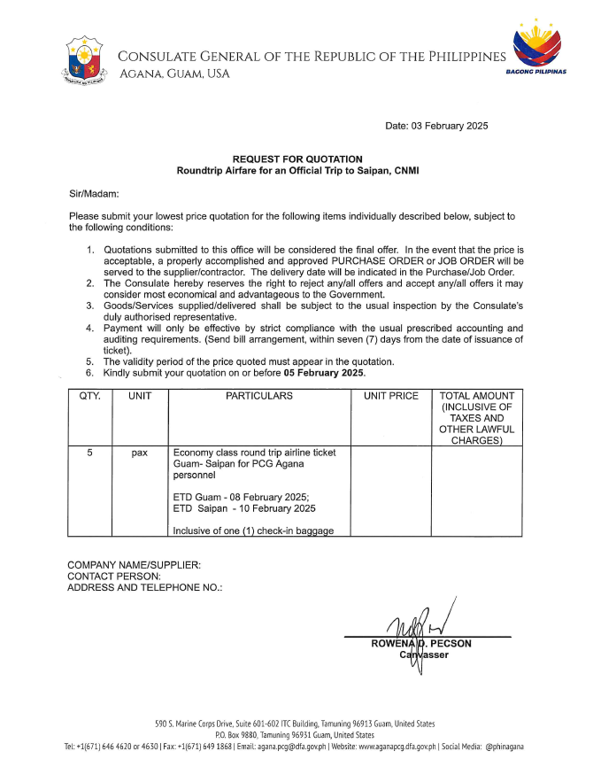 Request for Quotation - Airfare for Saipan, CNMI