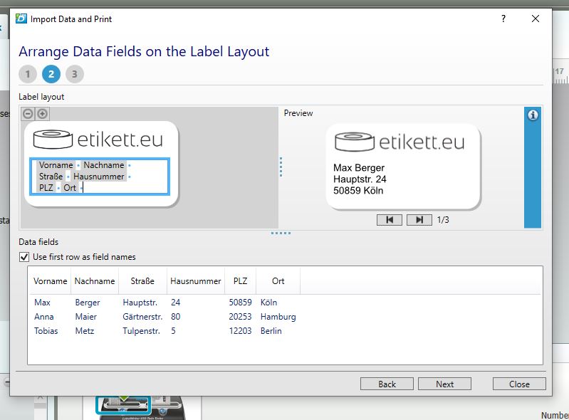 Eingefügte Platzhalter und Vorschau auf Labels