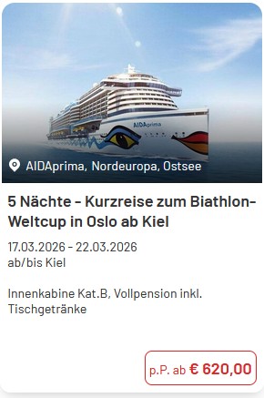 AIDa Kreuzfahrt zum Biathlon Weltcup in Oslo ab Kiel - 5 Nächte mit Aufenthalt in Oslo bereits ab 620 Euro| Das Reisebüro reiselotsen bietet diese Sonderreise zur online Buchung auf der Webseite an