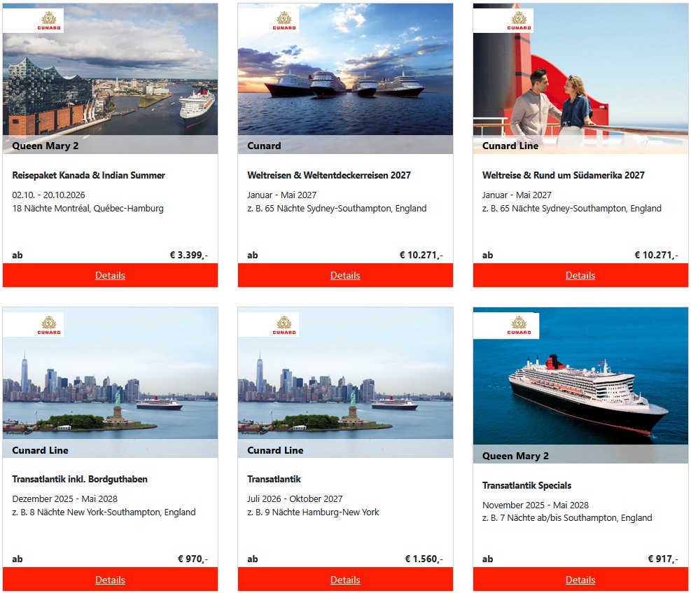 Cunard Transatlantik Kreuzfahrt ab Hamburg bis New York mit Rückflug oder umgekehrt 2026 - 2027 Deine Traumreise beim Reisebüro Reiselotsen buchen