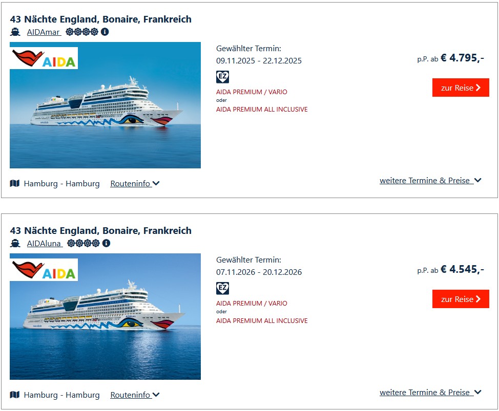 AIDA Transreisen 20242025 AIDA Karibik von Hamburg. Aida Transreisen