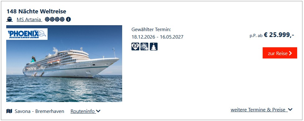 Grosse Weltreise 162 Nächte mit Phoenix Reisen 22.Dezember 2024 mit MS Artania ab Hamburg bis Savona Italien mit Frühbucherrabatt buchen