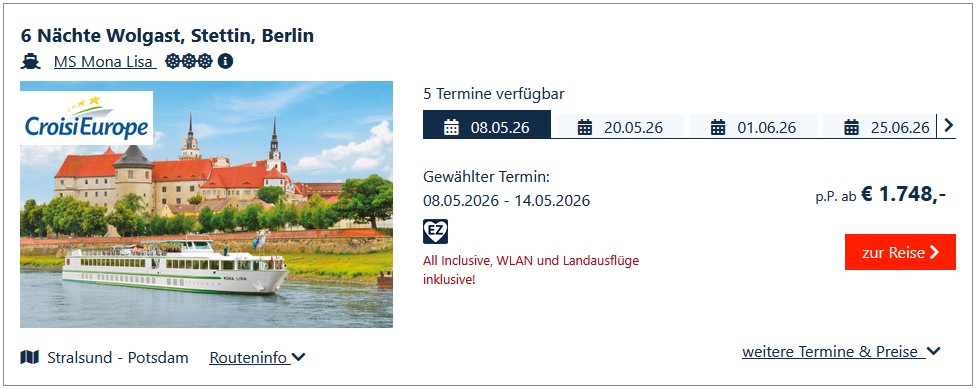 Flussreise auf der Oder von Stralsund nach Berlin oder umgekehrt mit Wolgast, Stettin von Croisi Europe beim Reisebüro Reiselotsen buchbar