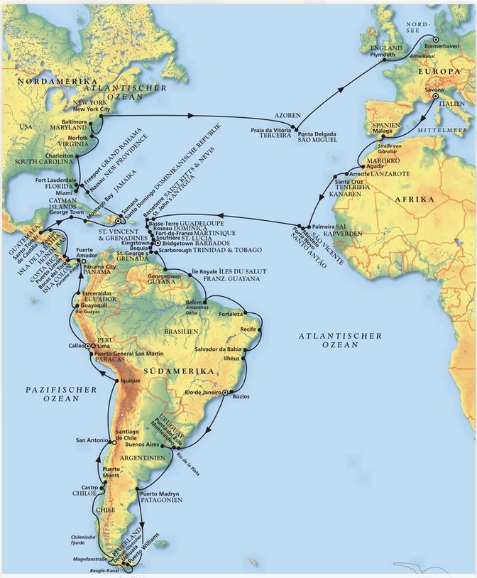 Amerika-Reise mit MS Artania Nordamerika, Karibik und "Rund-um-Südamerika 2026" ab Savona - Mindelo - Bridgetown - Salvador da Bahia - Rio de Janeiro - Feuerland - Callao (Lima) - Panama-Kanal - Santo Domingo - von New York zurück Bremerhaven