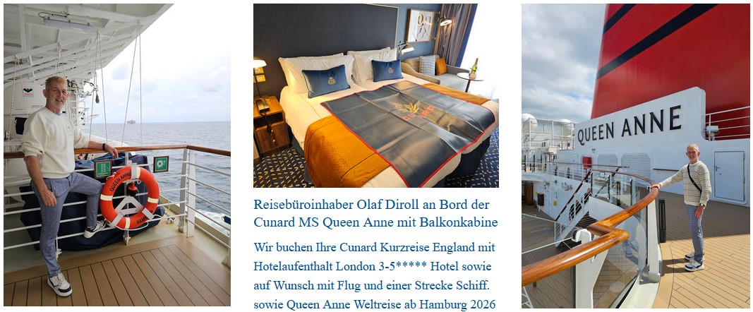 Collage mit Bordaufnahmen der Cunard Queen Anne, darunter Reisebüroinhaber Olaf Diroll auf dem Außendeck sowie eine Balkonkabine; präsentiert vom Partner Reisebüro Reiselotsen HafenCity Hamburg