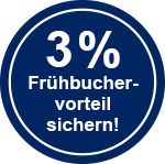 Grafisches Logo mit Hinweis auf 3 % Frühbucherrabatt, dargestellt in Verbindung mit dem Reisebüro Reiselotsen HafenCity Hamburg