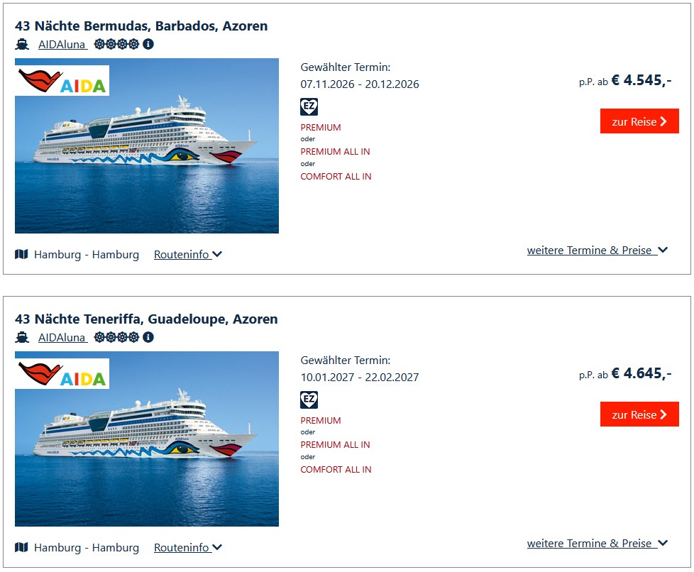 Karibik AIDA Langzeiturlaub Kreuzfahrt Karibische Inseln ab/bis Hamburg November 2026 Januar 2027 - Reisebüro Reiselotsen bucht Deine Karibik Kreuzfahrt