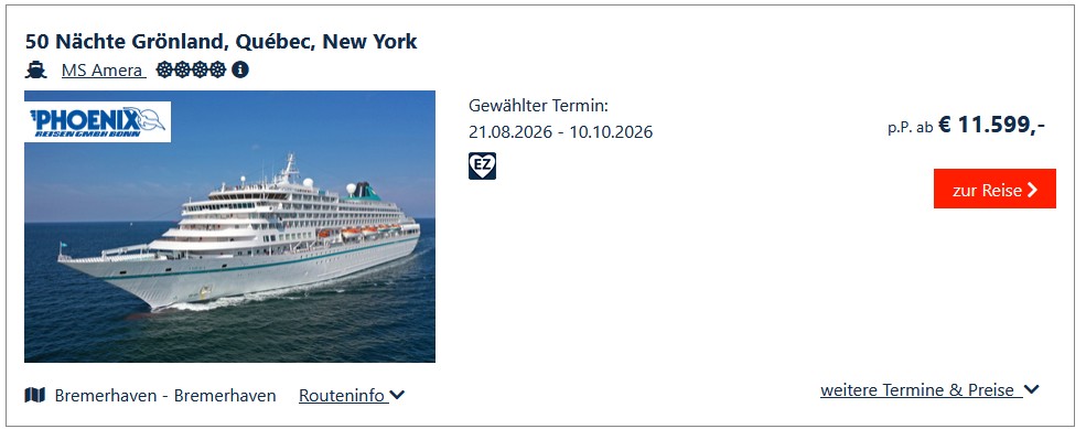 Phoenix Langzeiturlaub Kreuzfahrt Grönland, Quebec Kanada und New York ab und bis Bremerhaven 21.August bis 10.Oktober 2026