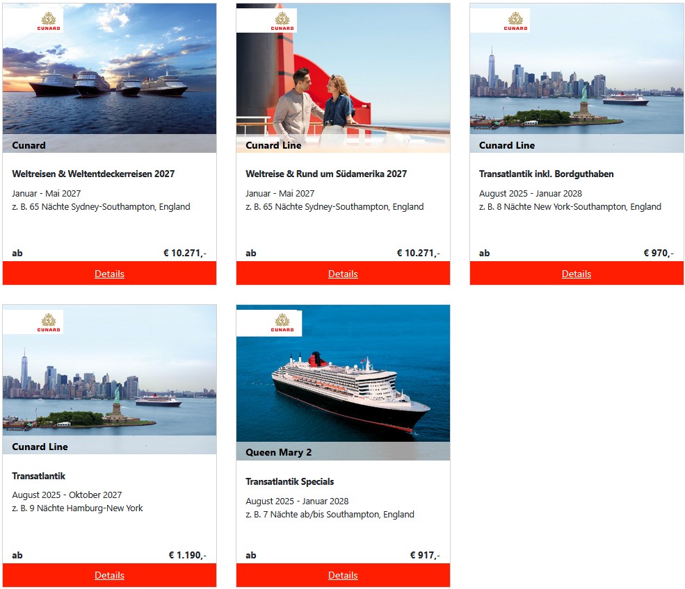 Cunard Weltreise und Weltentdeckerreisen 2027 ab Hamburg günstig buchen - Kreuzfahrt mit Queen Anne, Queen Mary Transatlantik und Queen Victoria bem Reisebüro Reiselotsen HafenCity Hamburg buchen