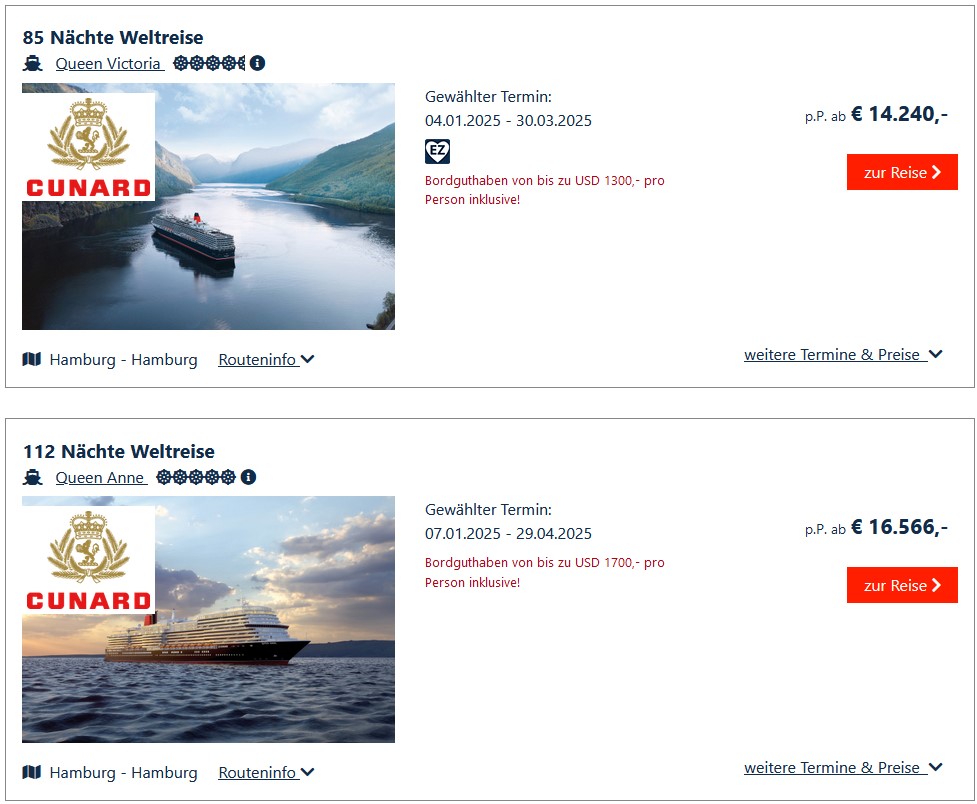 Cunard Queen Mary 2 Kreuzfahrt Hamburg - New York 2022/2023 mit Flug