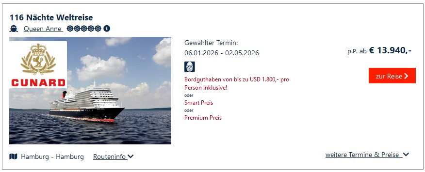 Cunard Weltreise ab Hamburg 6.Januar 2026 mit Queen Anne günstig buchen | Weltreise Queen Anne 2026 bereits ab 13.940 Euro im Reisebüro Reiselotsen zu buchen