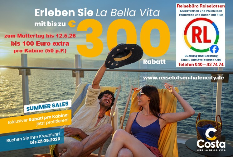 Costa Karibikreise 2025 mit Flug p.P. schon ab 1.299,-€ 1-Woche Costa Karibik Pauschalreise DK/Innen/VP - Balkonkabine auf Anfrage