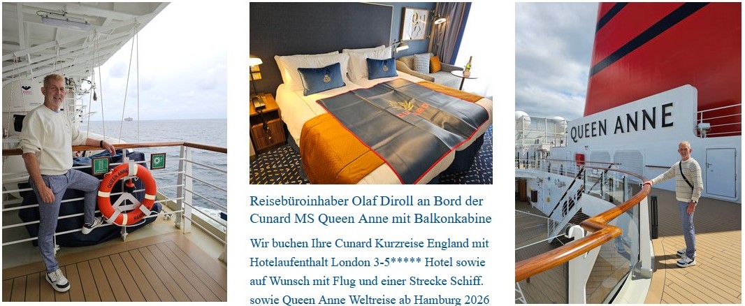 Foto: Reisebüroinhaber Olaf Diroll von den Reiselotsen während einer exklusiven Schiffsbesichtigung an Bord der eleganten MS Anne von Cunard Line. Als erfahrener Kreuzfahrtexperte prüft Olaf Diroll gern persönlich Kabinen, Restaurants und Bordangebote 