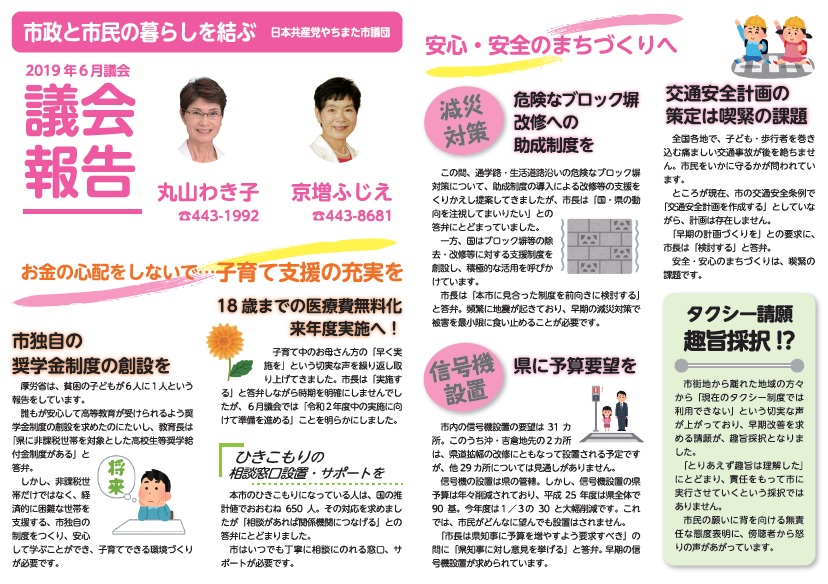 市政と市民の暮らしを結ぶ　日本共産党やちまた市議団　議会報告　2019年6月　お金の心配をしないで…子育て支援の充実を