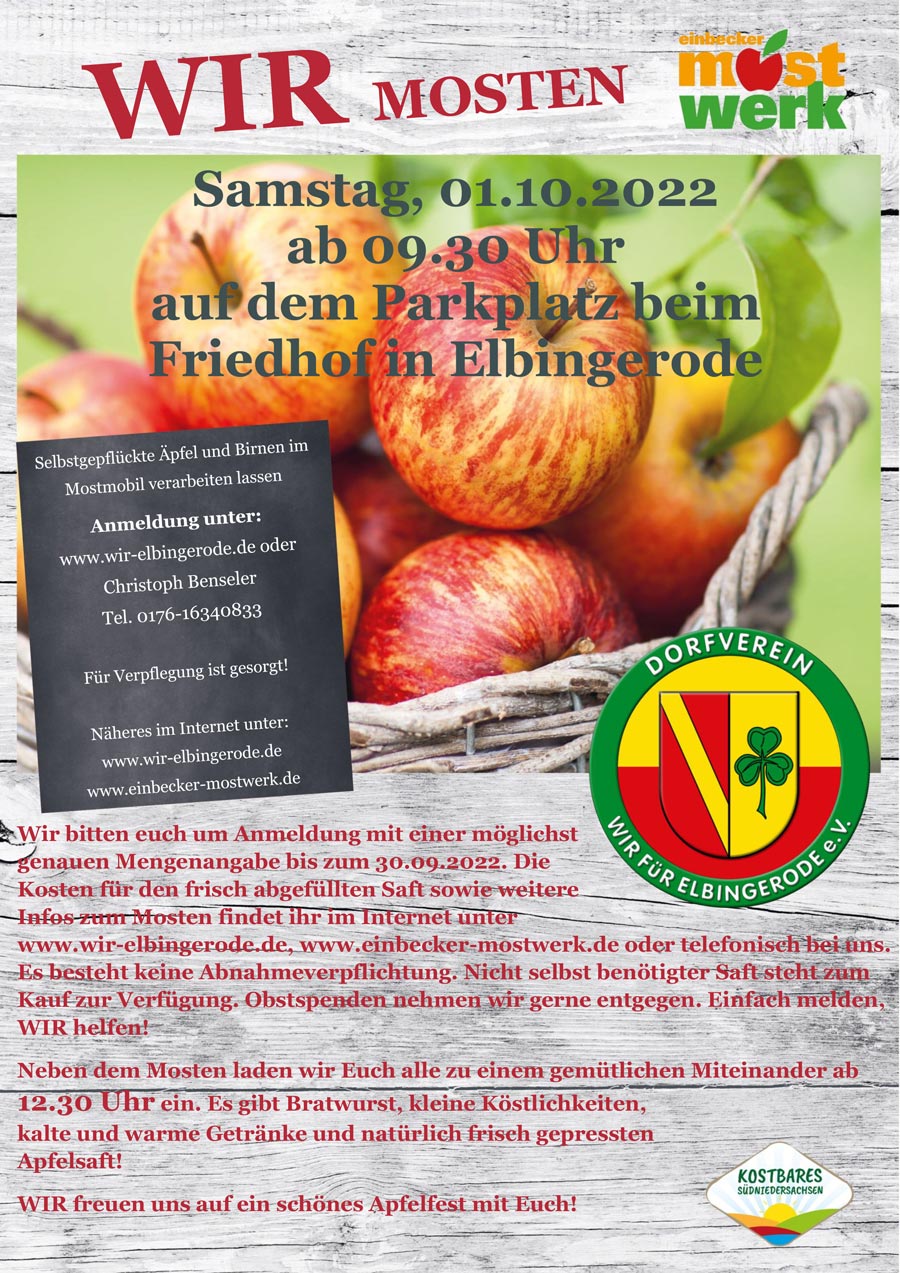 Neues zu WIR MOSTEN - Apfelfest am 1.10. in Elbingerode!