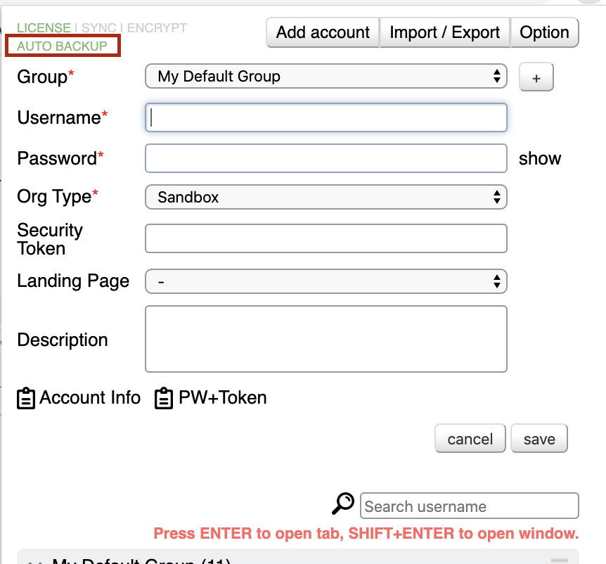Backup is taken every time when you create/update/import account or group information.