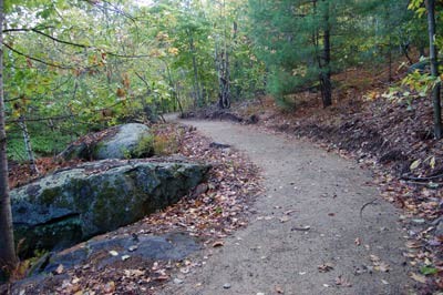 A section of accessible hiking trail at Crotchet Mountain Rehabilitation Center in Greenfield, New Hampshire. This incredible trail system was designed and built by Peter Jensen and Associates, LLC.
