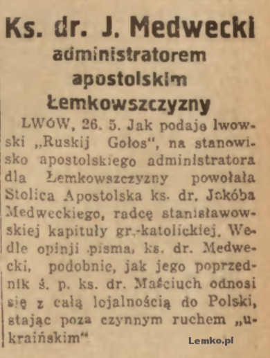 medwecki administratorem apostolskim lemkowszczyzny