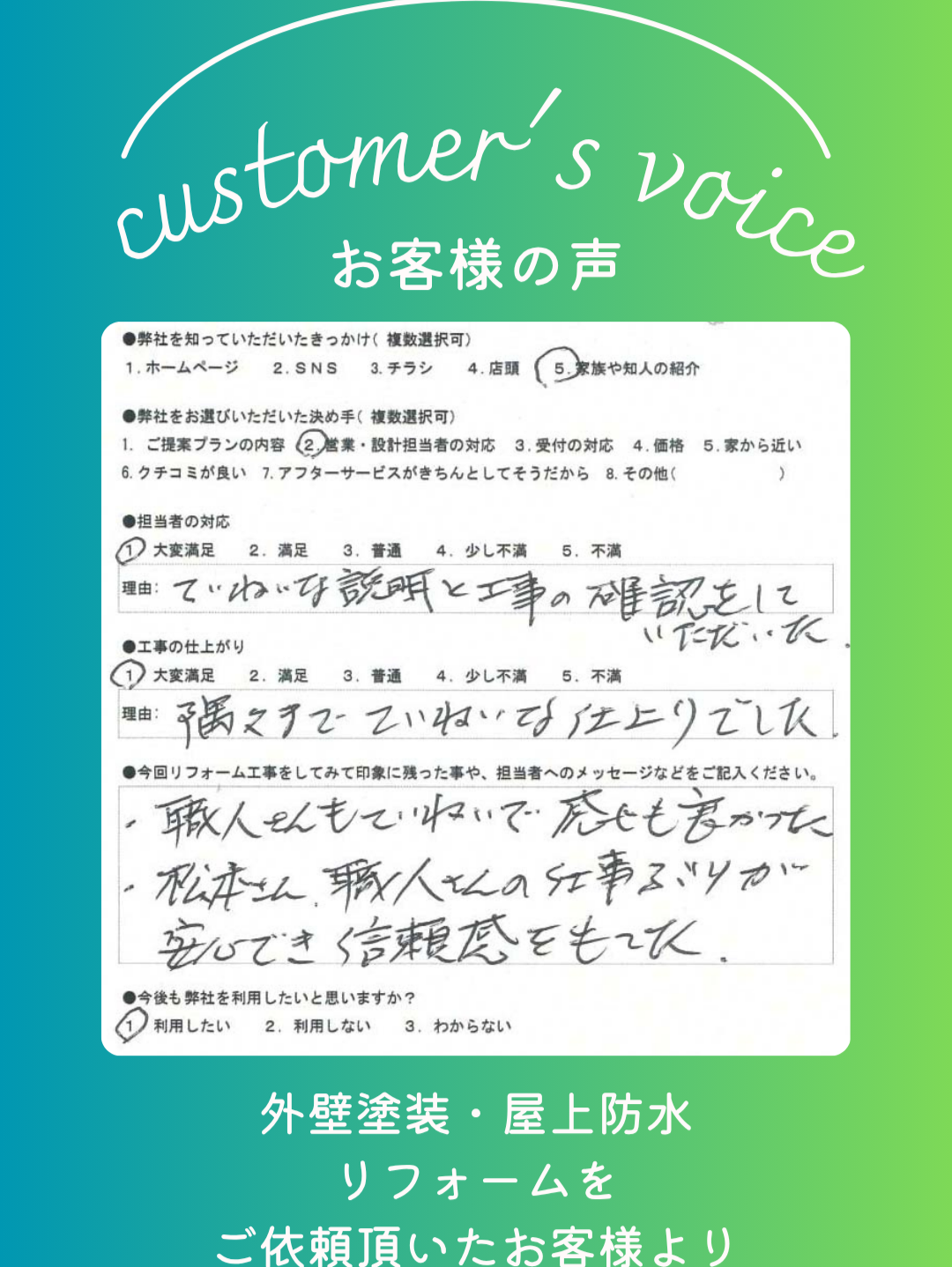 リフォーム工事完了後のお客様の声