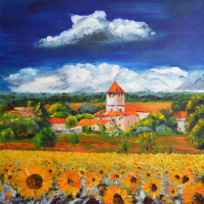 Village entouré de  tournesols -   60x60 cm - SKOCP3C6 - Disponible