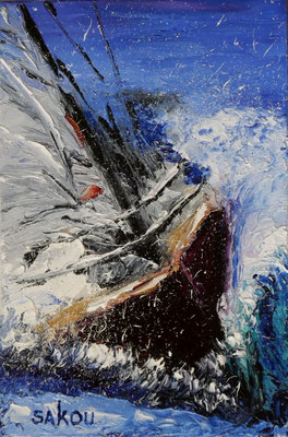 Voilier dans la vague - 18x12 cm (carton entoilé) - SKOMBM7P0 - Disponible