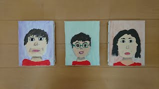 6年生  「ぼくの家族」 アートケア展覧会最後の作品には家族の顔を描くことにしました。 お母さんの顔は写真を見て、自分の顔は鏡を見て描きましたが、お父さんの顔は想像して描いたので一番むずかしかったです。親の二人を口を閉じて描いたら、少し怒っているようになってしまいました。なので、自分の口は開けて描きました。 毎年むずかしいと思っていた目の部分も、うまく描くことができました。 アートケアで学んだことを生かして描くことのできたアートケア生活最後の力作です