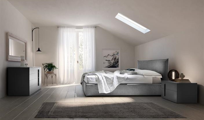 Letto imbottito Loft, comodini e comò Lab