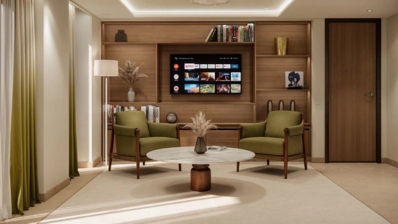 Crystal Grace Junior Penthouse Suite Wohnbereich mit Tisch, Stühlen und Fernseher