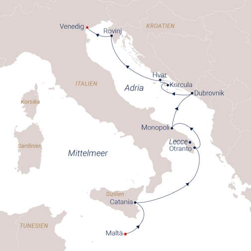 SEA CLOUD Spirit - Von Valetta nach Venedig Reiseroute