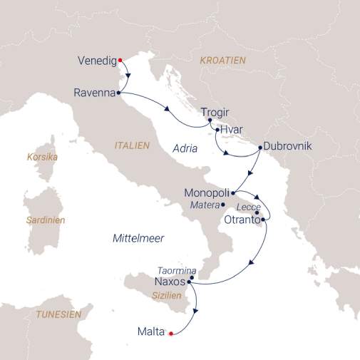 SEA CLOUD Spirit - Von Venedig nach Valetta Reiseroute