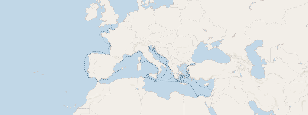 Routenkarte Grand Mediterranean Odyssey von London nach Athen mit der Seven Seas Mariner