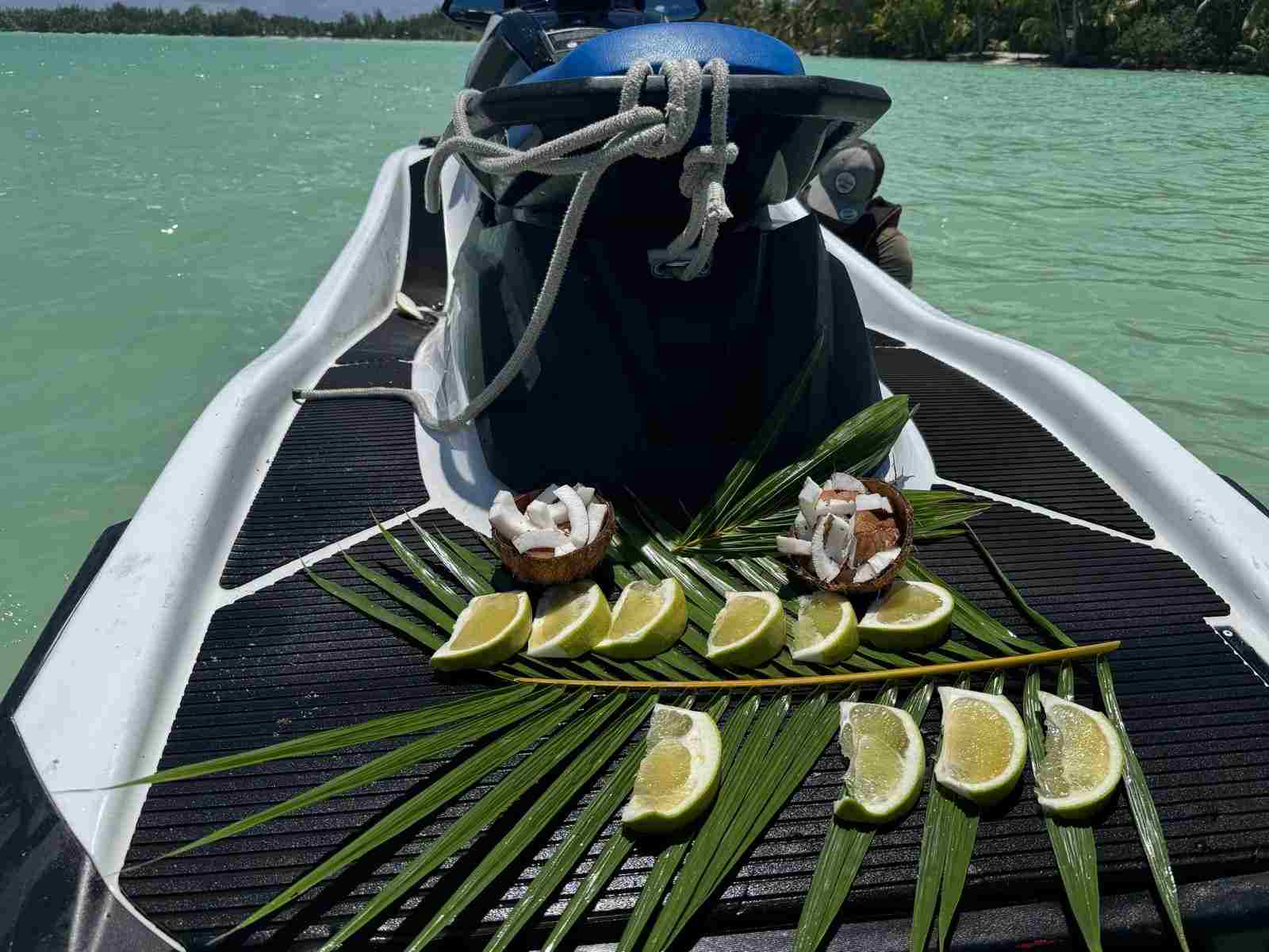 Zitronen auf Palmenblättern in einem Kajak