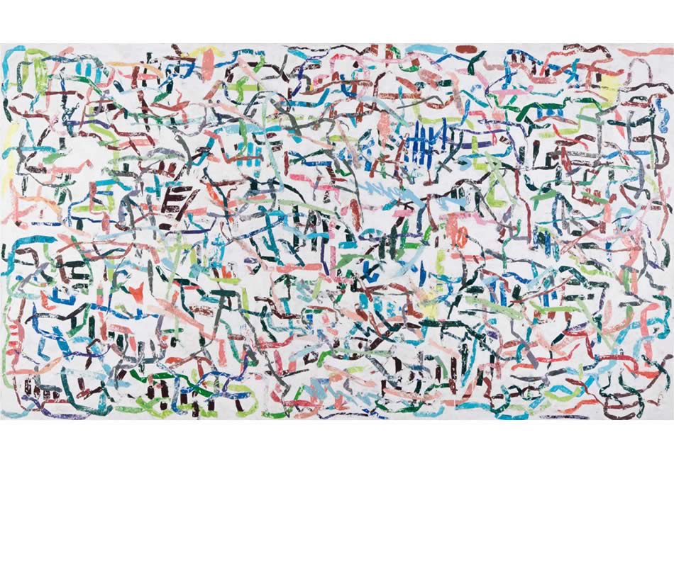 Großes Linienfeld, Décollage, Acryl auf Leinwand, 2014, Hochformat 150 x 270 cm bzw. Querformat 270 x 150 cm