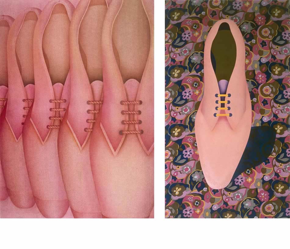 Rosa Parade, Stofffarbe auf Frottee, 1969, 135 x 95 cm (Privatbesitz)   |   Schuh auf Blumengrund, Acryl auf bedrucktem Stoff, 1968, 115 x 65 cm