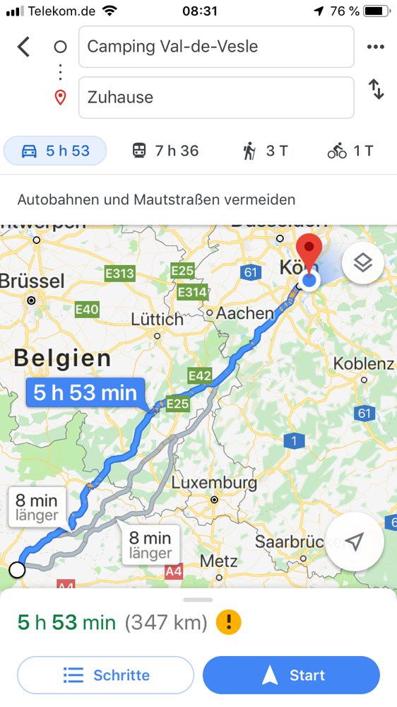 Heutige Etappe. Über die Landstraßen.