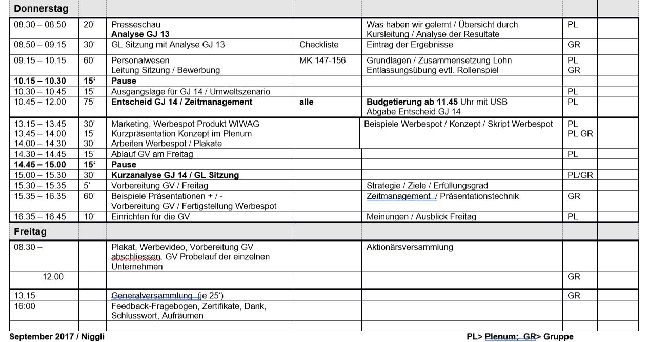 Detailprogramm Fachlehrer Donnerstag bis Freitag