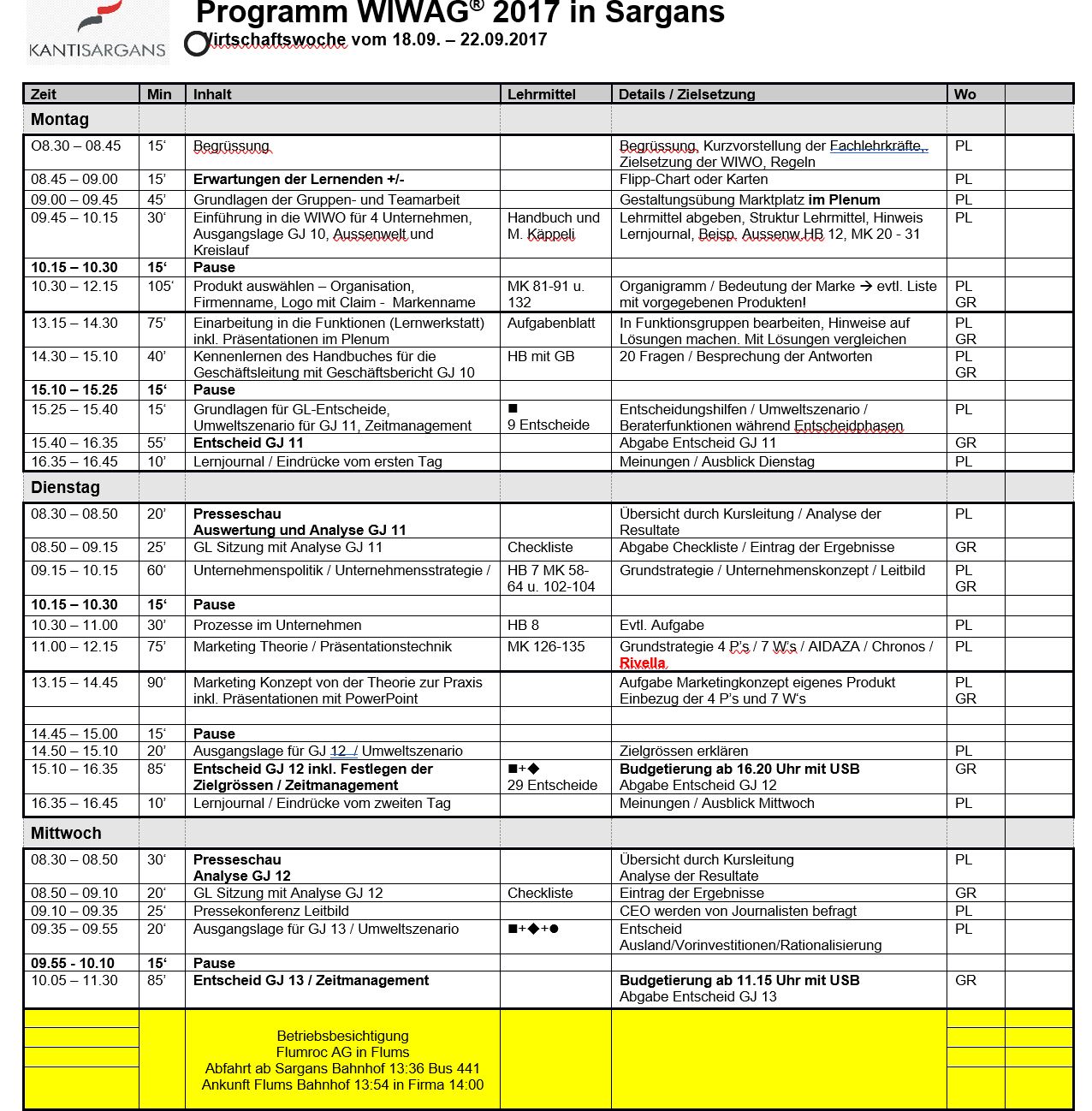 Detailprogramm Fachlehrer Montag bis Mittwoch