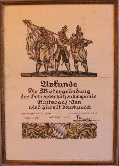 Wiedergründungsurkunde der GSK Flintsbach. Als Schirmherr unterzeichnete S.K.H. Kronprinz Rupprecht von Bayern. 
