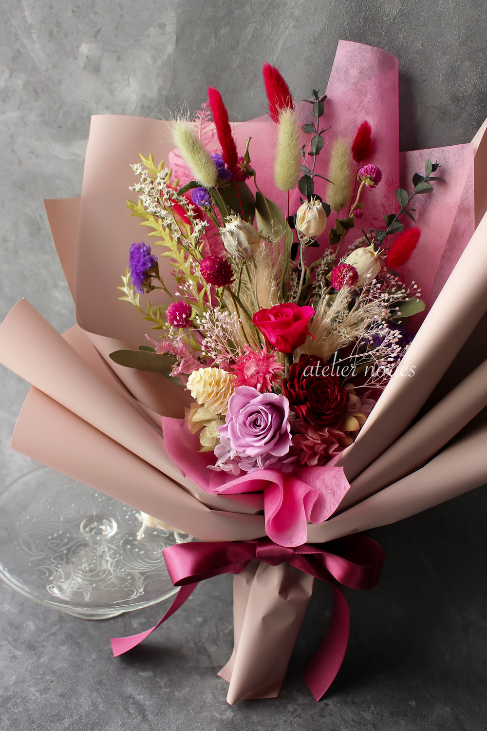 Helene エレーヌ　ドライフラワーの花束　パープル・フュシャピンク（L)