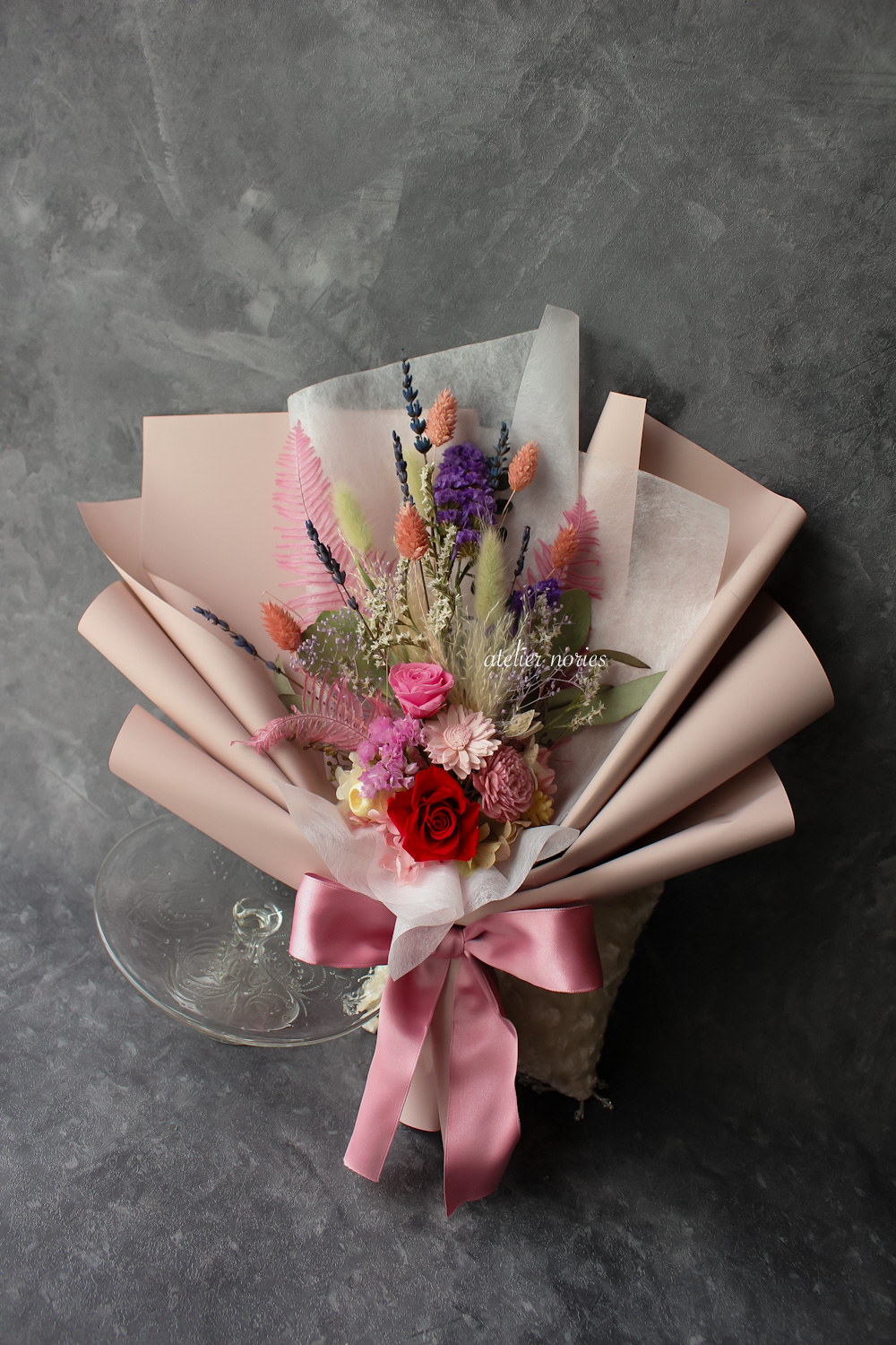 Helene エレーヌ　ドライフラワーの花束　レッド・ピンク（L)