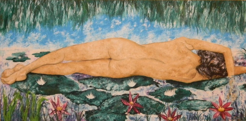 Ninfee (nudo sognante nella Palude), olio su tela, 125x251